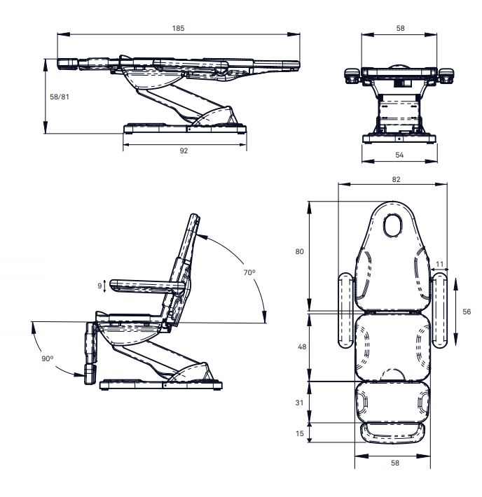 GLAB Fauteuil d'esthétique électrique - dimensions - Malys Equipements