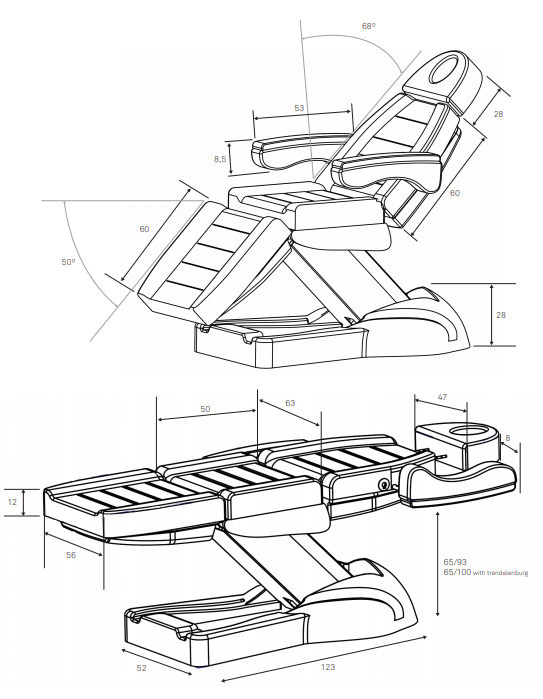 CLAVI Fauteuil Soins Esthétiques Electrique - dimensions - Malys Équipements