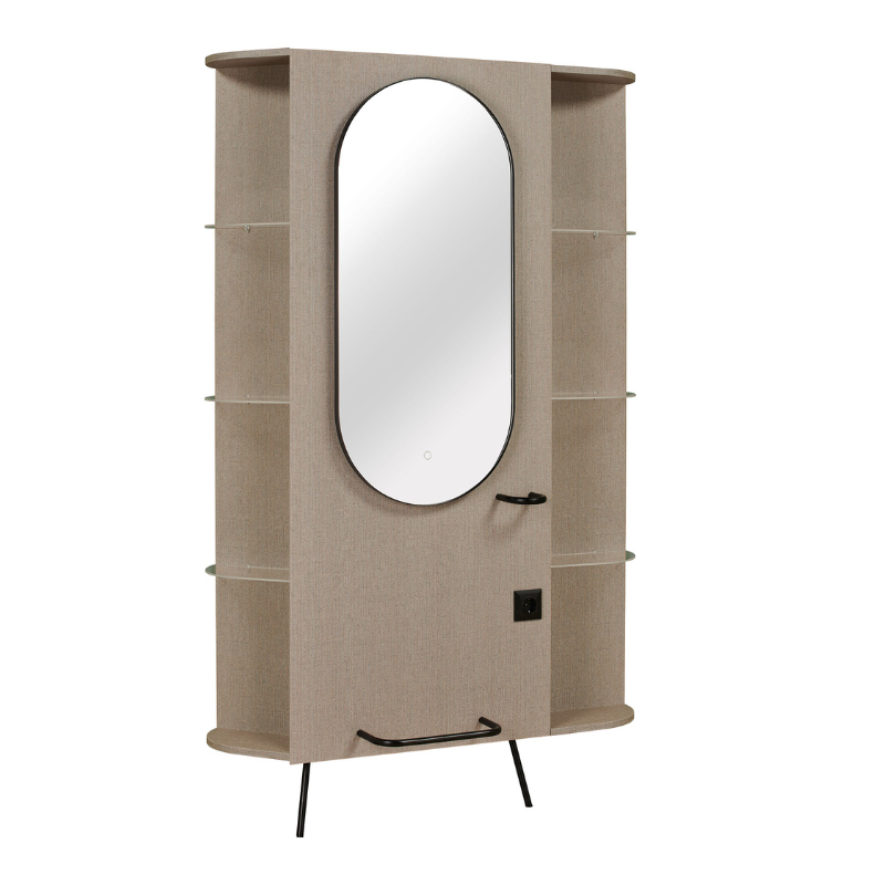 ART DECO 2 DISPLAY Sieninis LED Kuaforiaus stendas su stiklinėmis lentynomis